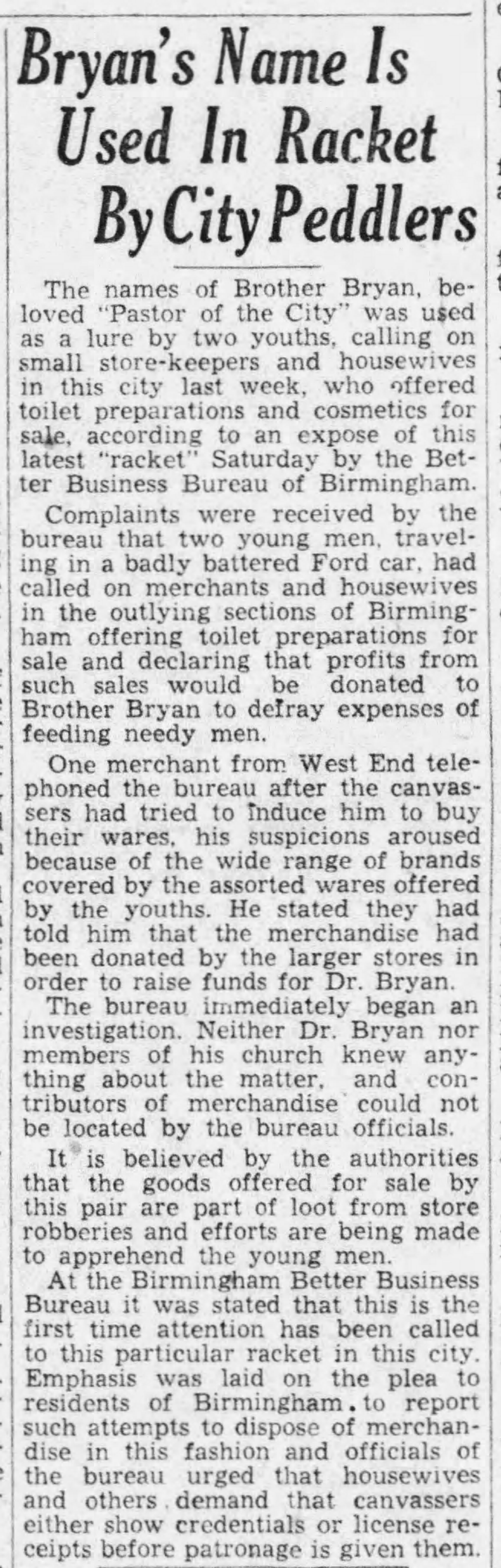 Bryan's Name Is Used In Racket By City Peddlers